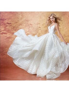 Hayley Paige Occasions White Striped Ball Gown Wedding Dress